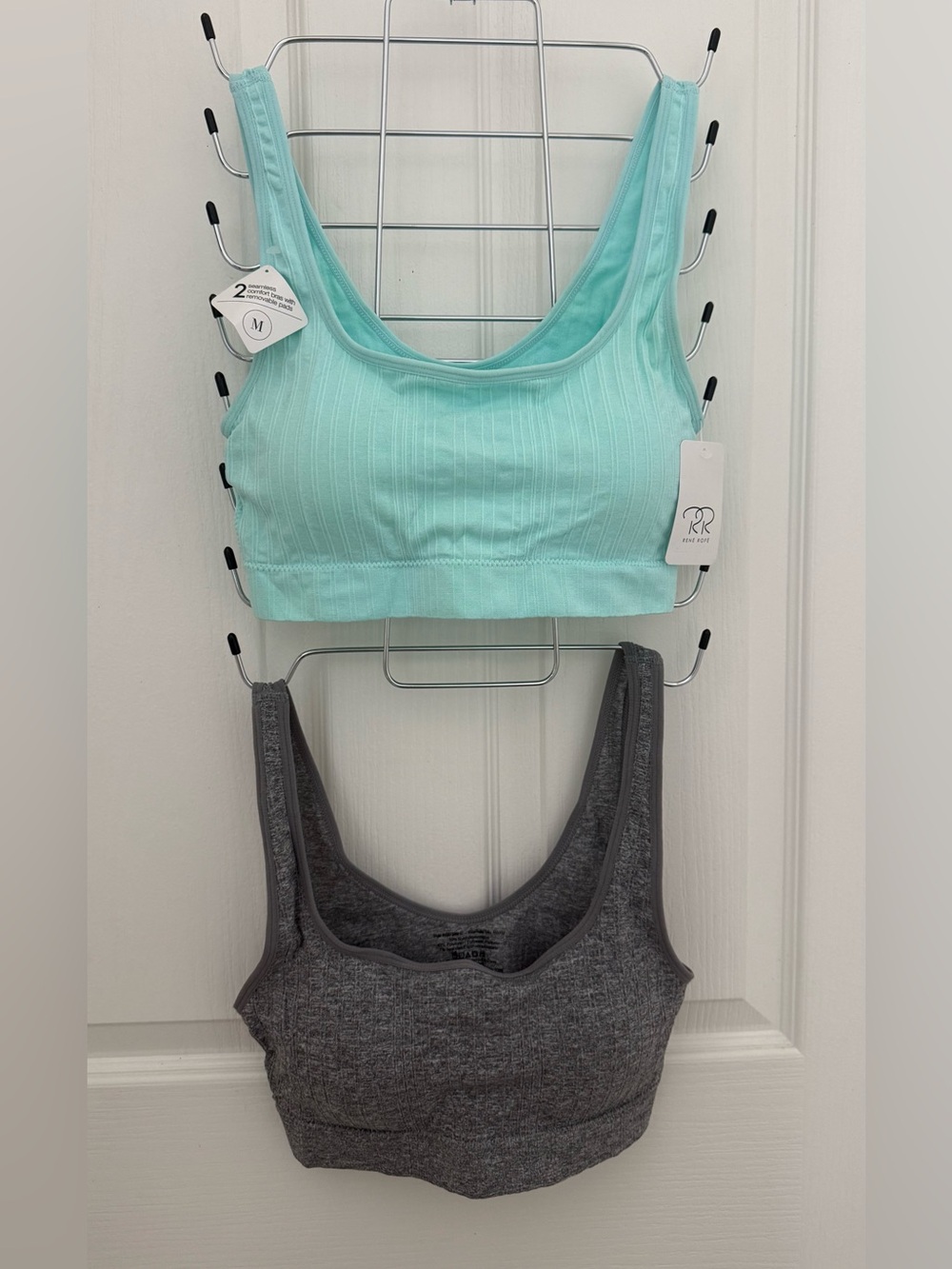 Rene Rofe Ribbed Scoop Bras w removable pads Mint & Charcoal (2-Pack). Size M.